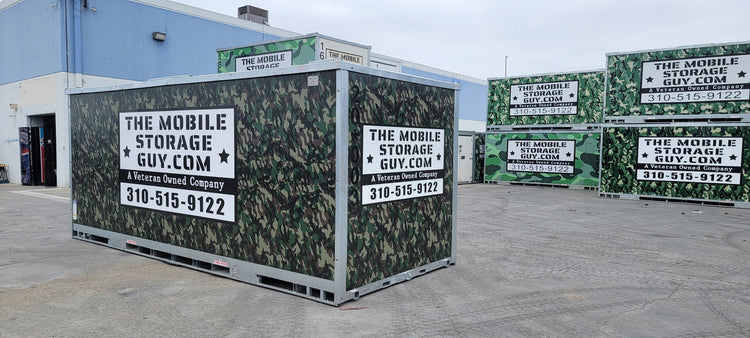The Mobile Storage Guy camo portable storage containers in Los Angeles