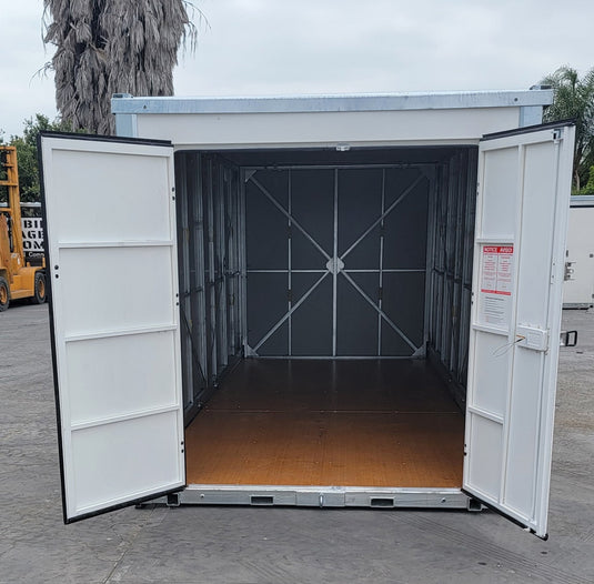 8x20 portable storage unit with doors open—designed for belongings, not living