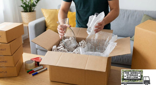 Drinking glasses being wrapped in packing paper before going into a moving box