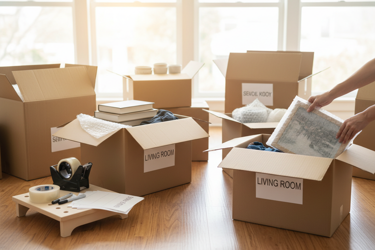 Sealed and labeled moving boxes stacked and ready for a move in Los Angeles