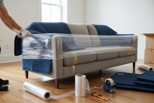 Couch wrapped in moving blankets and stretch wrap for a Los Angeles move